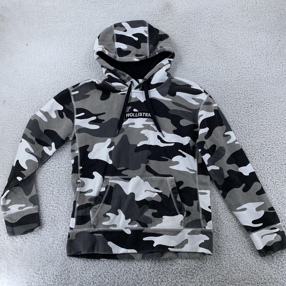 Hollister Hoodie Womens XS Gray Black White Camo Pullover Fleece Sweatshirt Logo